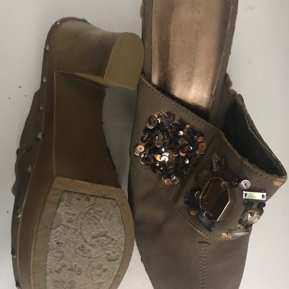 Brown Suede Jeweled Clogs